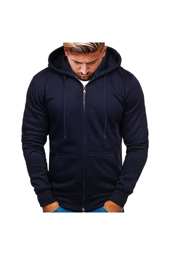 Mens Hoodies Pullover Mens Hooded Sweatshirt Zip Up Long Sleeve Solid Knitted Hoodie Pullover Sweater (Navy,XL)