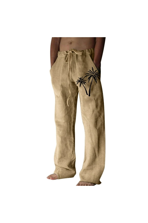 Mens Linen Pants Beach Hawaii Print Casual Summer Casual Pants Elastic Waist Drawstring Baggy Trousers with Pockets Khaki,2XL