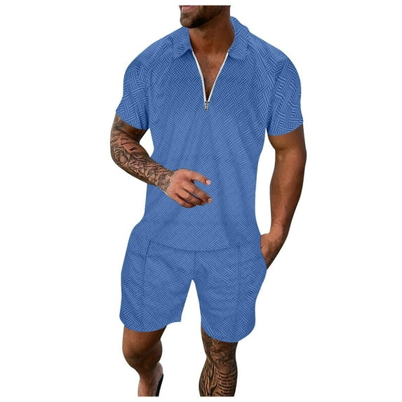 Yindaity Mens Short Sets 2 Piece Outfits Polo Shirt Fashion Summer Tracksuits Casual Set Short Sleeve and Shorts Set for Men Light Blue,3XL