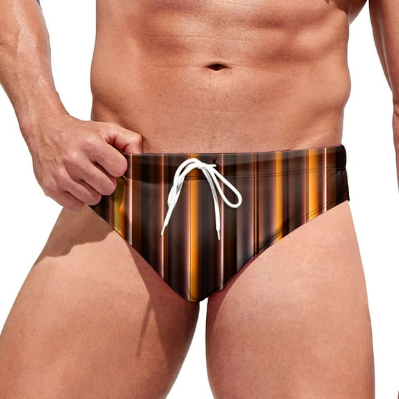 Yindaity Mens Stripe Swim Briefs Retro Swimwear Sexy Bikini Swimsuit Print Bathing Suit Brown,L