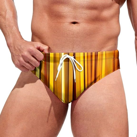 Yindaity Mens Stripe Swim Briefs Retro Swimwear Sexy Bikini Swimsuit Print Bathing Suit Yellow,XL