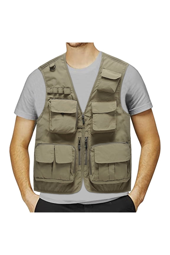 Mens Summer Outdoor Work Safari Fishing Travel Photo Vest with Pockets Khaki,M