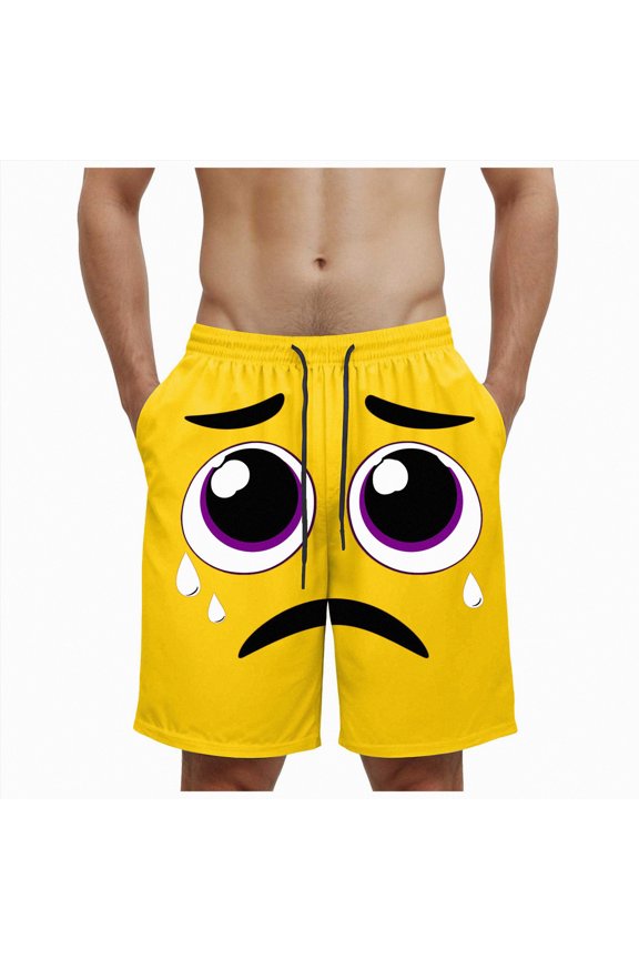 Mens Swim Trunks Board Shorts Funny Cartoon Face Print Swimming Trunks Quick Dry Beach Shorts Casual Summer Short(Yellow,M)