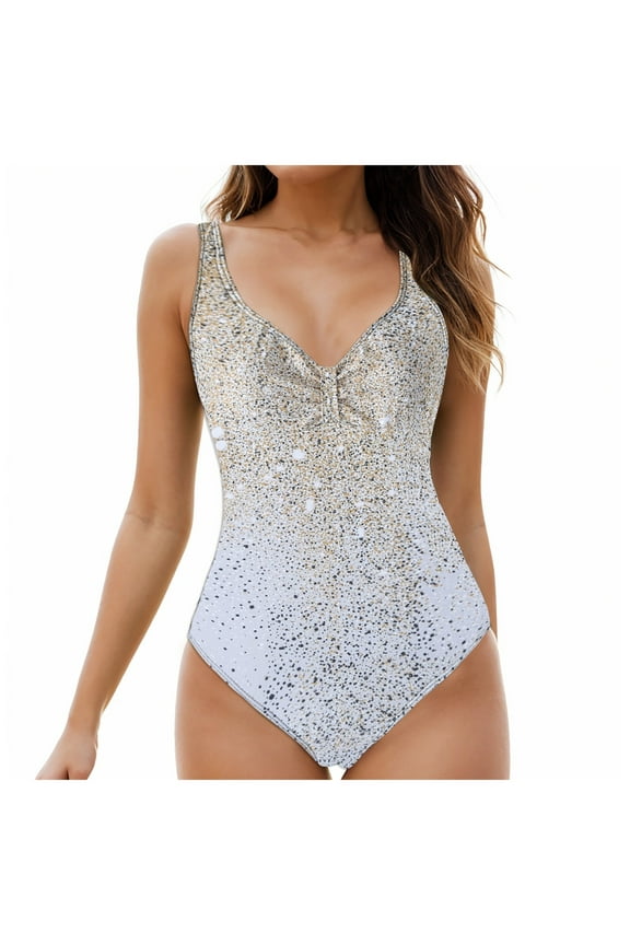 One Piece Swimsuit Women Tummy Control Swimsuits for Women One Piece Bathing Suit Retro Ruched Push Up Vintage Padded Swimwear (Silver,XL)