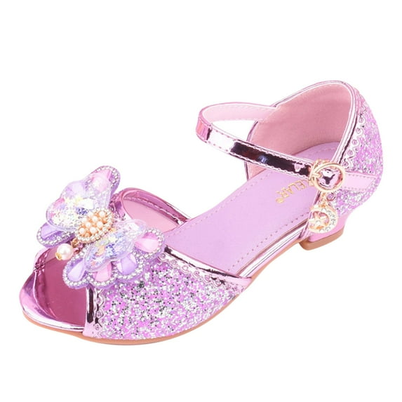 Yindaity Princess Shoes Girls Dress Shoes Flower Princess Shoes Glitter Mary Jane Low Heels for Party Wedding (Purple,10-10.5 Years)