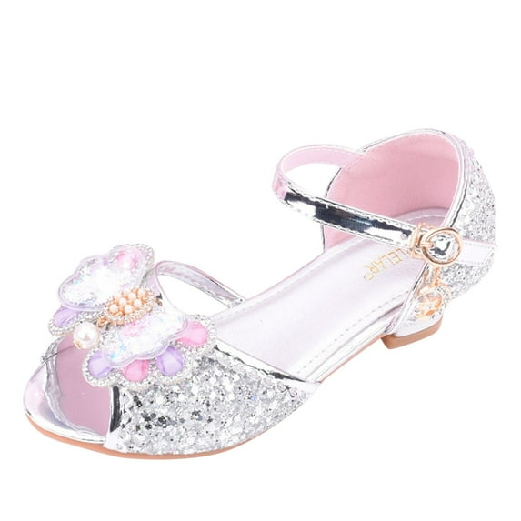 Yindaity Princess Shoes Girls Dress Shoes Flower Princess Shoes Glitter Mary Jane Low Heels for Party Wedding (Silver,12.5-13 Years)