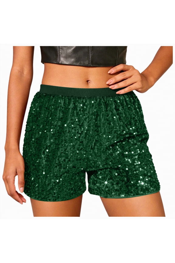 Sequin Shorts for Women Sequin Shorts for Women, High Waisted Straight Leg Hot Pants, Party Sparkle Rave Shorts(Green,S)