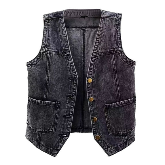 Yindaity Sleeveless Denim Jacket for Women Women's Denim Jackets Denim Jacket for Women Distressed Jean Jackets Button Up Vintage Western Trucker Jacket Frayed Hem Pockets (Black,2XL)