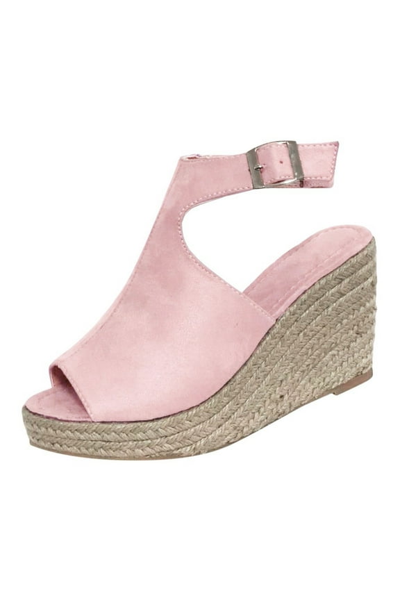 Slip on Wedge Sandals for Women Topic Open Toe Buckle Ankle Strap Espadrilles Flatform Wedge Casual Sandal Pink,6.5
