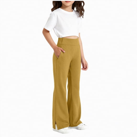 Yindaity Sweatpants for Girls 10-12 Girls' Fleece Wide Leg Bottom Jogger Sweatpants with Drawstring & Functional Side Pockets(Yellow,8-9 Years)