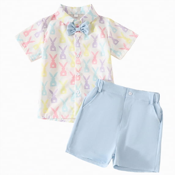Yindaity Toddler Baby Boy Easter Outfit Short Sleeve Bunny Print Bow Tie Button Down Shirt Top Shorts 2Pcs Set(Light Blue,6-12 Months)