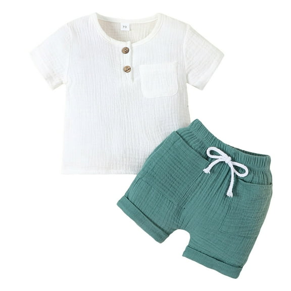 Yindaity Toddler Boy Patchwork Summer Outfits Short Sleeve Button Down Shirt Tops & Casual Shorts Sets Baby 2T 3T 4T 5T Clothes (Green,6-12 Months)