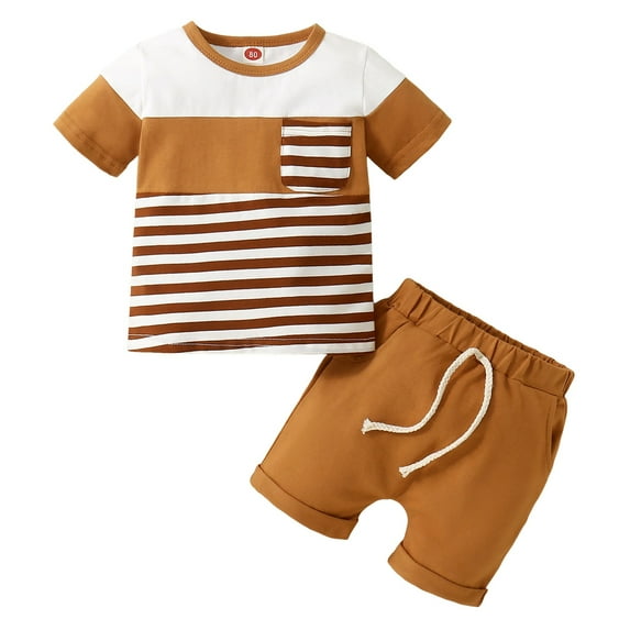 Yindaity Toddler Boys Baby Girls Baby Pocket Top + Solid Color Drawstring Shorts Two Piece Set for Kids Two Piece Children's Outfits Baby Boy Outfits (Coffee,12-18 Months)