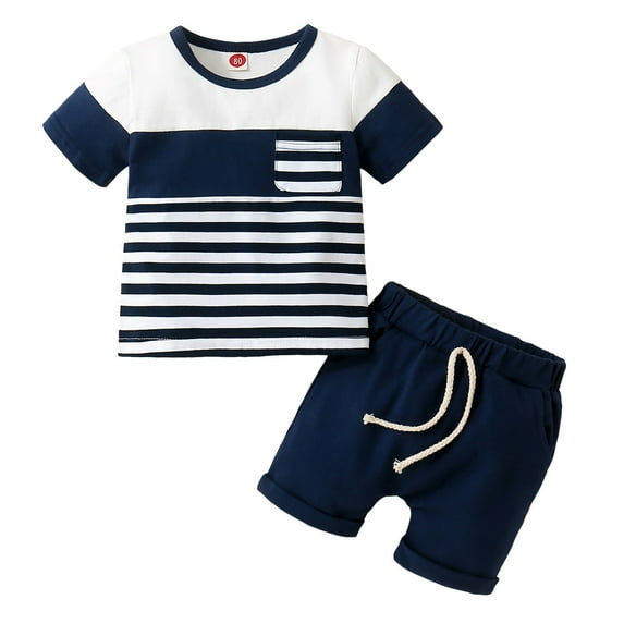 Yindaity Toddler Boys Baby Girls Baby Pocket Top + Solid Color Drawstring Shorts Two Piece Set for Kids Two Piece Children's Outfits Girl Outfits (Dark Blue,12-18 Months)