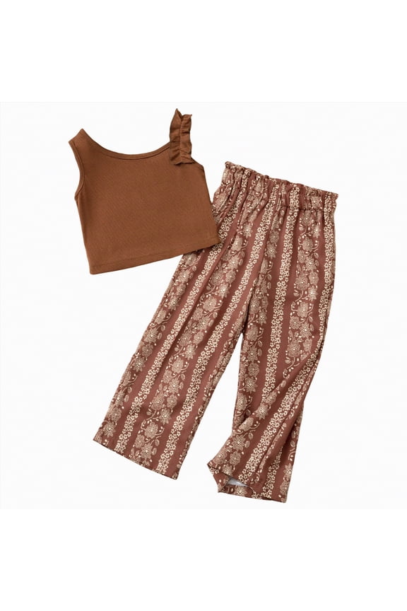 Toddler Girl Summer Clothes Toddler Girls Spring Outfit Peter Pan Collar Sleeveless Plaid Vest Tops Elastic Waist Pants Set Kids Summer Clothes(Brown,4-5 Years)