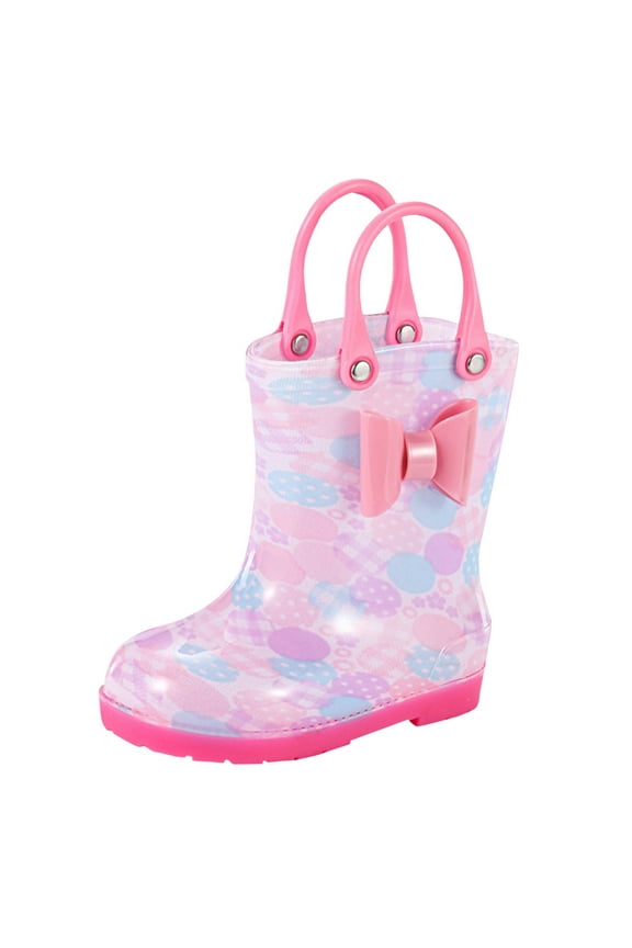 Toddler Kids Glitter Light Up Waterproof Rain Boots for Girls Sparkle Rainbow Rain Shoes with Easy On Handles Hot Pink,6-7 Years