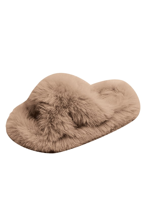 Toddler Slippers Girl's Fuzzy Fluffy Furry Slippers Cross Band Shoes Slides for Girls Fur Flip Flop Open Toe Slippers(Khaki,32)