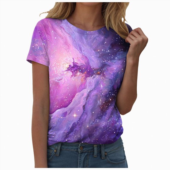 Yindaity Tshirts for Women Galaxy T Shirts for Women Space Print Side Slit Curved Hem V Neck T-Shirts(Pink,L)