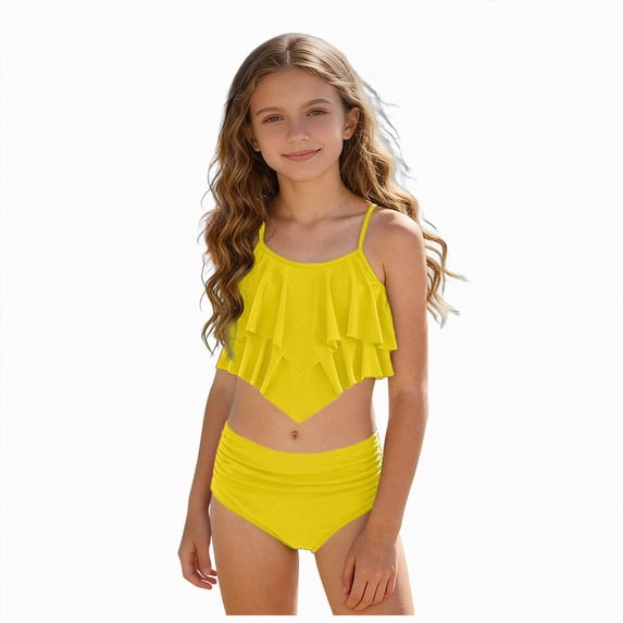 Yindaity Two Piece Girls Swimsuit Girls Swimsuits Bikini Set Kids Cutout Bathing Suit Bikini Top Two Piece Girls' Swimwear(Yellow,12-13 Years)