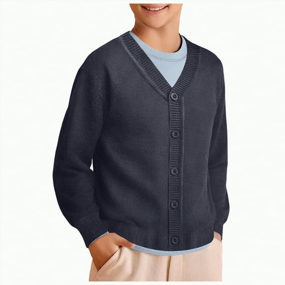 Yindaity Uniform Cardigan Boys Cardigan Sweater Kids Casual V Neck Button Down Uniform Sweaters(Dark Blue,5-6 Years)