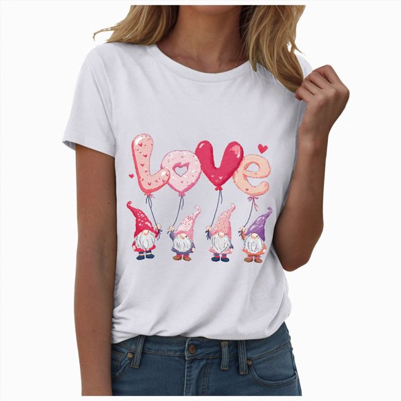 Yindaity Valentines Shirts for Women Love Heart Printed Graphic T-Shirt Short Sleeve V Neck Holiday Valentine Gift Tee Tops Women Tshirt(White,S)