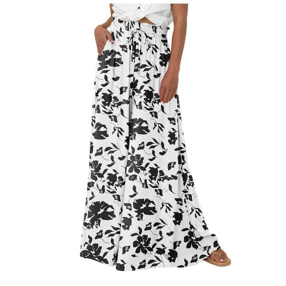 Yindaity Women Casual High Waist Wide Leg Pants Summer Floral Solid Long Palazzo Pants Lounge Beach Trousers with Pocket Black,2XL