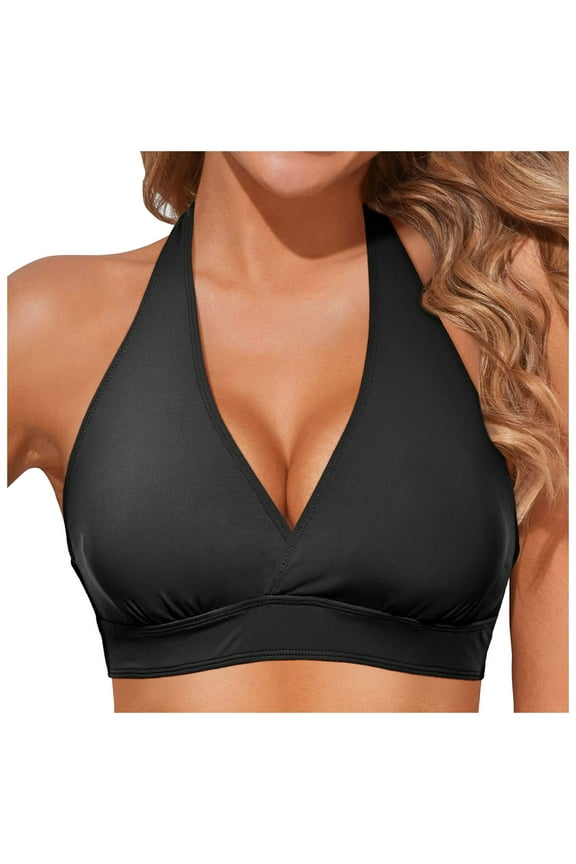 Women Swim Top - High Neck Bikini Top Halter Swimsuit Bathing Suit Top Only 2025 Women Sports Bra Bikini Tops Scoop Neck Bathing Suits Top Padded Swim Crop Tops Only (Black,L)