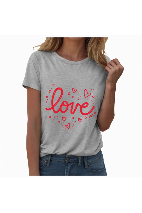 Women Tshirt V-Neck Shirts for Women Cute Love Heart Graphic Valentine's T Shirts Casual Spring Day Tops Tee Blouse(Light Gray,XL)