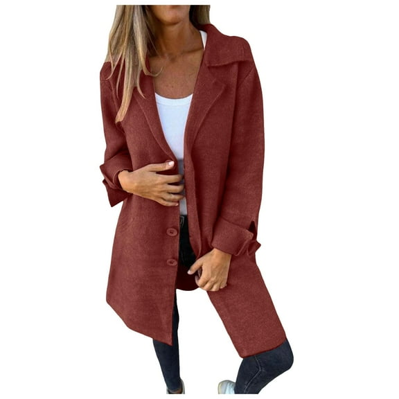 Yindaity Women Wool Blend Blazer Jacket Long Sleeve V Neck Mid Length Coat Fashion One Button Open Front Cardigan Outerwear (,M)
