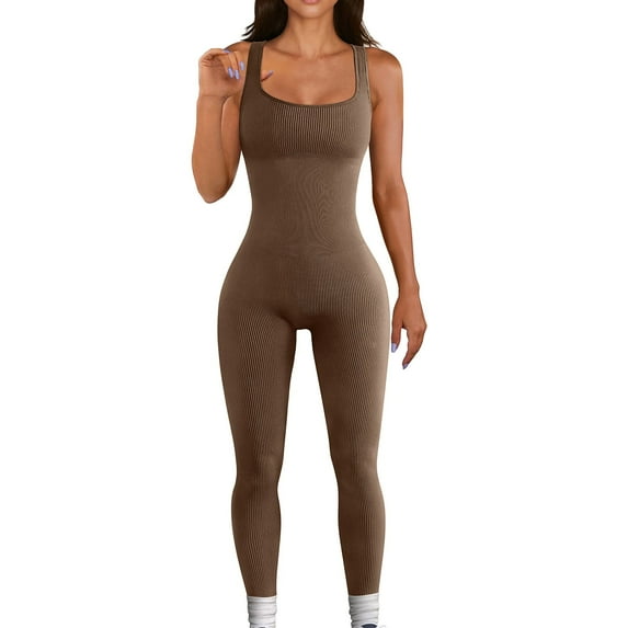 Yindaity Women Workout Seamless Jumpsuit Yoga Ribbed Bodycon One Piece Square Neck Leggings Romper Brown,XL