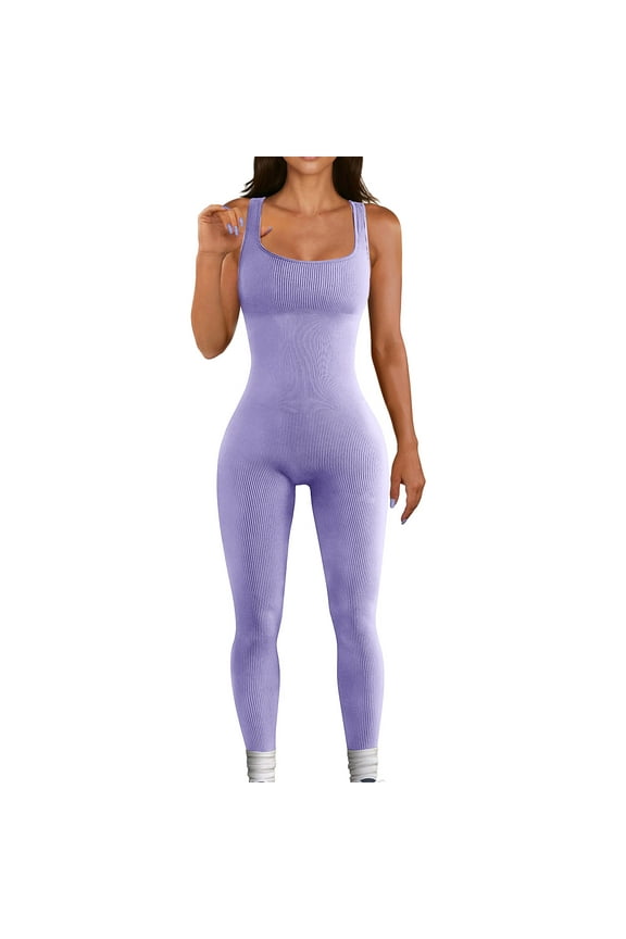 Women Workout Seamless Jumpsuit Yoga Ribbed Bodycon One Piece Square Neck Leggings Romper Purple,S