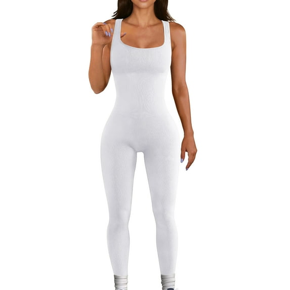 Yindaity Women Workout Seamless Jumpsuit Yoga Ribbed Bodycon One Piece Square Neck Leggings Romper White,2XL