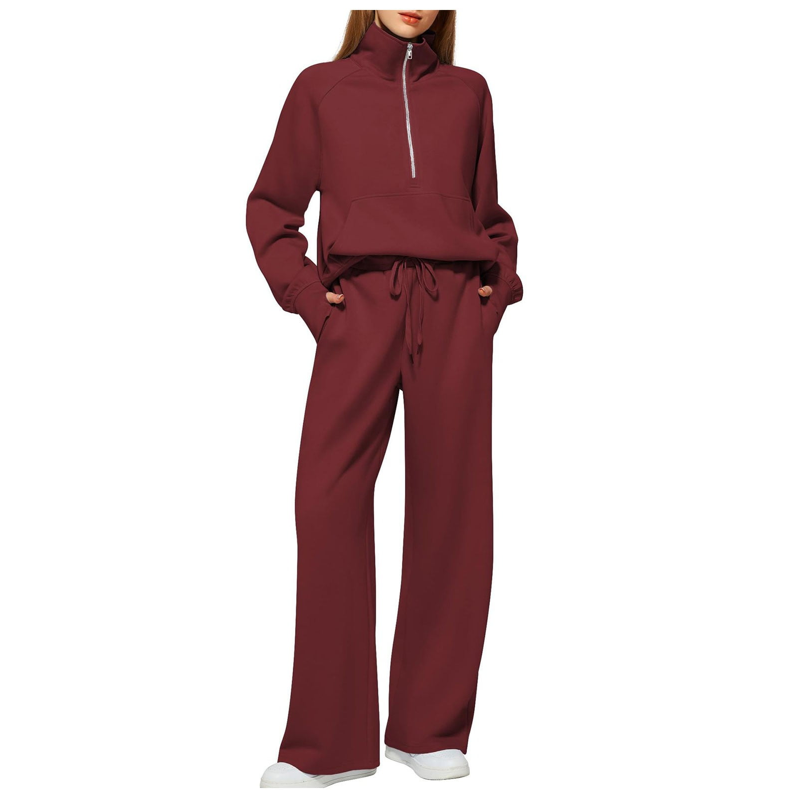 Yindaity Women's 2 Piece Zip Up Outfits Lounge Sets Casual Long Sleeve Sweatsuits Top Wide Leg Pants Fall Set (Red,2XL)