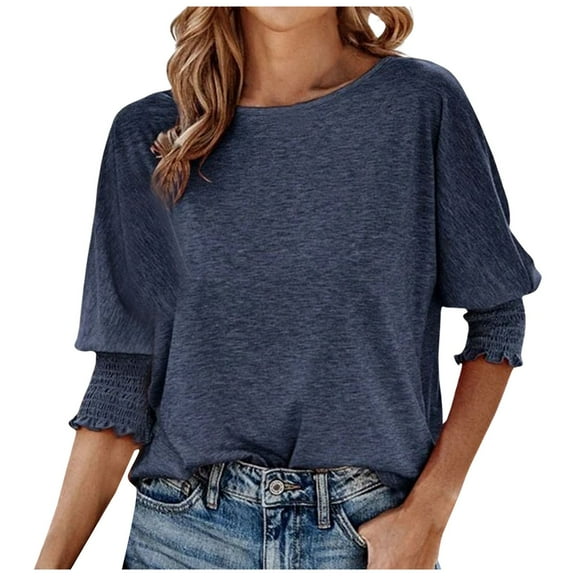 Yindaity Women's 2024 Fashion Tops 3/4 Sleeve T-Shirts Cute Crewneck Basic Business Tees Blouses Blue,S