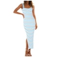 thumbnail image 1 of Yindaity Women's 2024 Summer Striped Knit Bodycon Midi Dress Square Neck Side Slit Tank Ribbed Sweater Dresses Blue,XL, 1 of 5