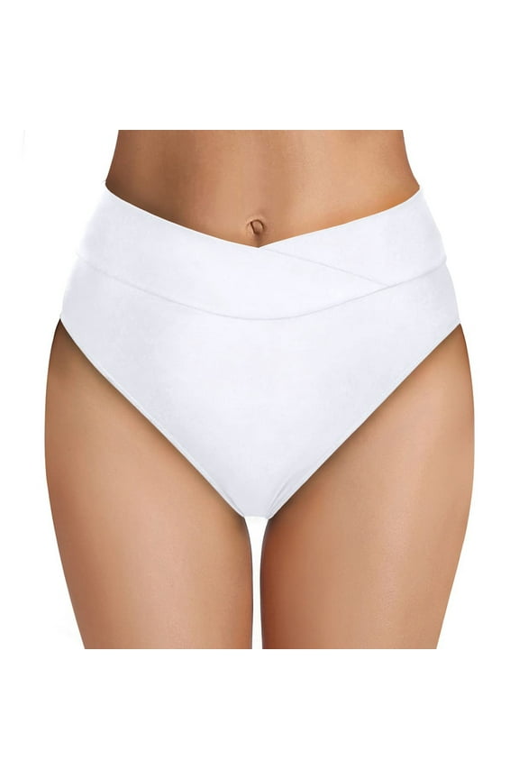 Women's Bikini Swim Bottom Briefs Ribbed High Cut Mid Waist Cheeky Bathing Suit Bottom White,XXL