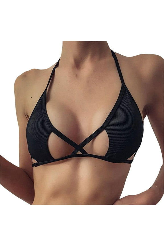 Women's Cut Out Tie Knot Halter Swimwear Triangle Bikini Top Black,M