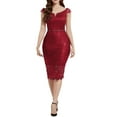 thumbnail image 1 of Yindaity Women's Elegant Floral Lace Fixed V Neck Fluttering Short Sleeves Knee Length Dress Red,L, 1 of 5