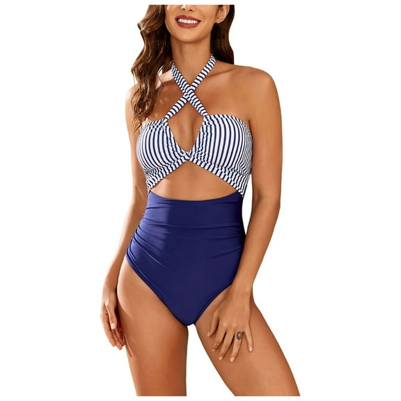 Yindaity Women's One-Piece Swimsuits Women's One Piece Swimsuit Scoop Neck Bathing Suit Color Block Adjustable Straps Swimwear (Blue,XL)