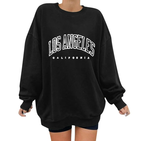 Yindaity Women's Oversized Sweatshirt Los Angeles California Crewneck Long Sleeve Casual Loose Pullover Tops Black,XL