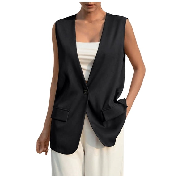 Yindaity Women's Sleeveless Blazer Jackets Lightweight Button Waistcoat Open Front Work Office Vest Tops (Black,M)