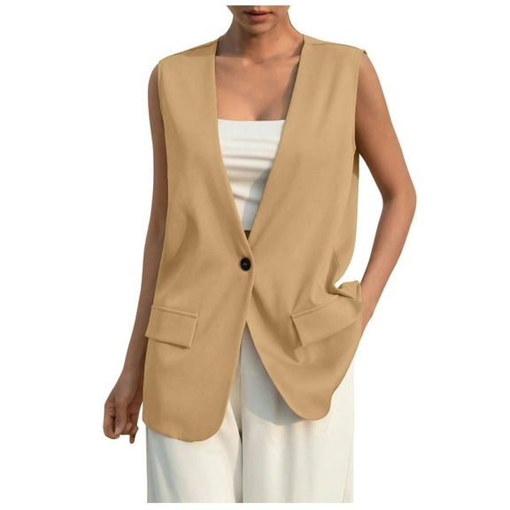 Yindaity Women's Sleeveless Blazer Jackets Lightweight Button Waistcoat Open Front Work Office Vest Tops (Brown,2XL)
