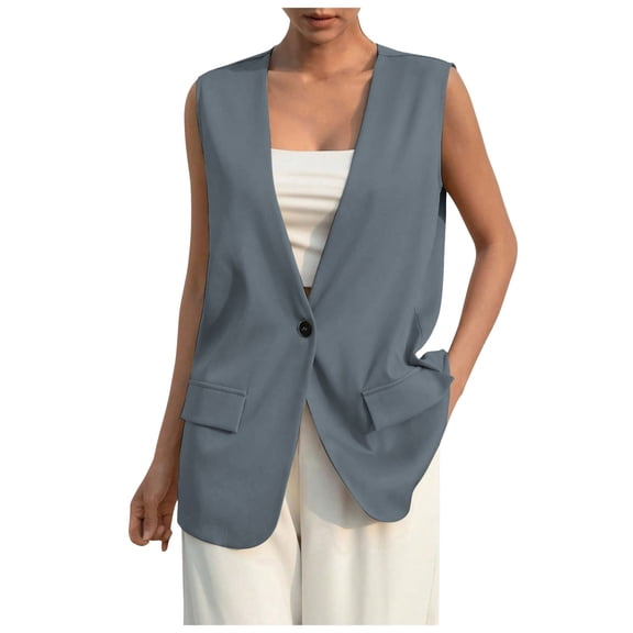 Yindaity Women's Sleeveless Blazer Jackets Lightweight Button Waistcoat Open Front Work Office Vest Tops (Grey,2XL)