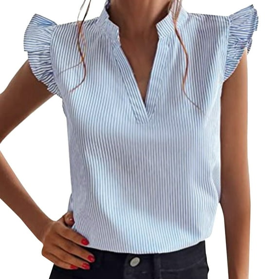 Yindaity Women's Striped Notched V Neck Ruffle Cap Sleeve Blouse Tops Blue,L