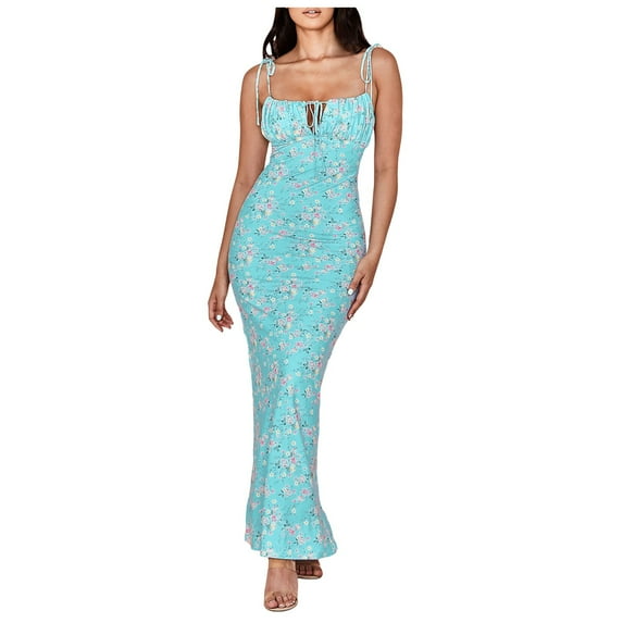 Yindaity Women's Summer Floral Bodycon Maxi Dress Spaghetti Strap Sleeveless Boho Long Dresses Blue,M
