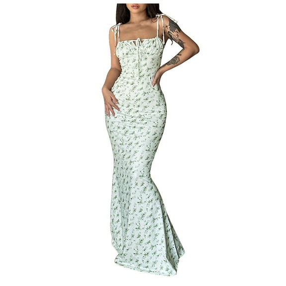 Yindaity Women's Summer Floral Bodycon Maxi Dress Spaghetti Strap Sleeveless Boho Long Dresses Green,L