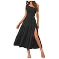 thumbnail image 1 of Yindaity Women's Summer One Shoulder Sleeveless Knot Smocked Midi Dress Split Tiered Flowy Dresses Black,S, 1 of 4