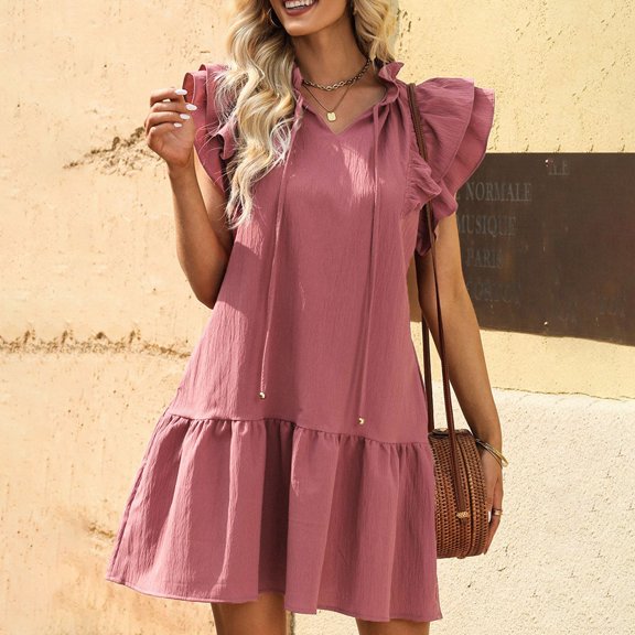 Yindaity Womens 2024 Summer V-Neck Drawstring Ruffle Cap Short Sleeve Side Pockets Mini Dress Sundress Red,S