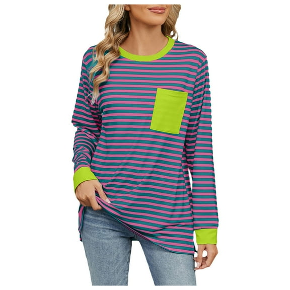Yindaity Womens Casual Striped Pullover Tops Long Sleeve Shirts Crewneck Oversized Sweatshirts 2024 Fall Clothes Hot Pink,XL