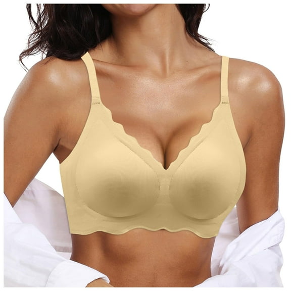 Yindaity Womens Comfortable Wireless Bras Push Up Seamless Bralettes Soft V Neck Brassiere Scalloped Full Coverage Everyday Bra Yellow,M